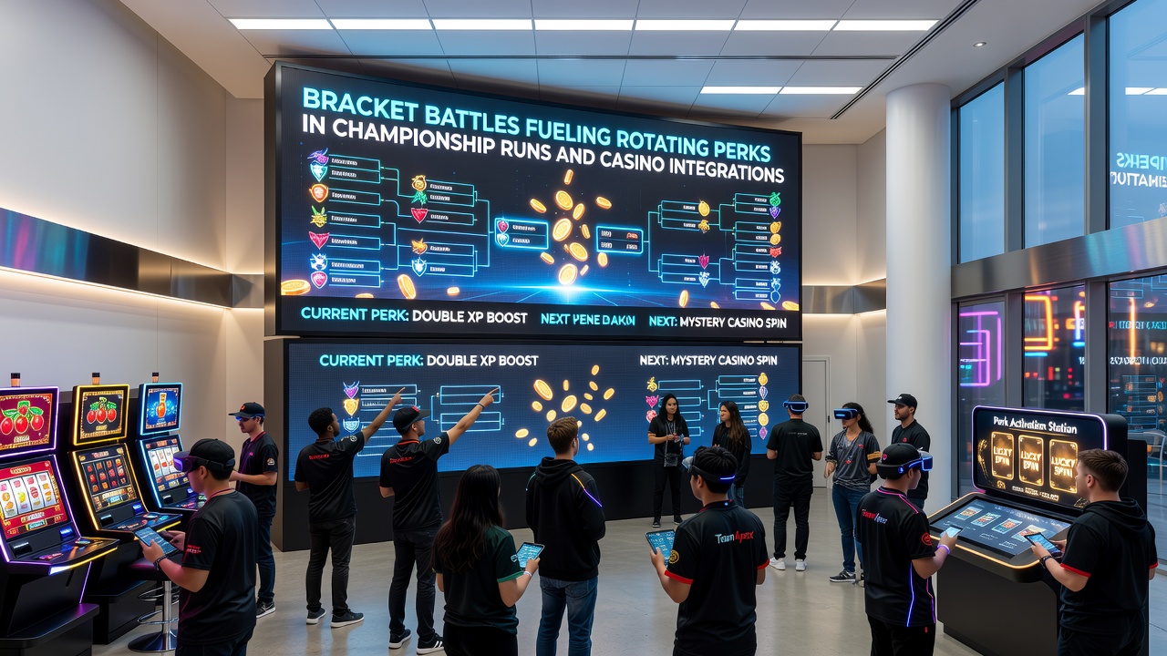 Casino integration dashboard displaying rotating perks during active championship bracket stages