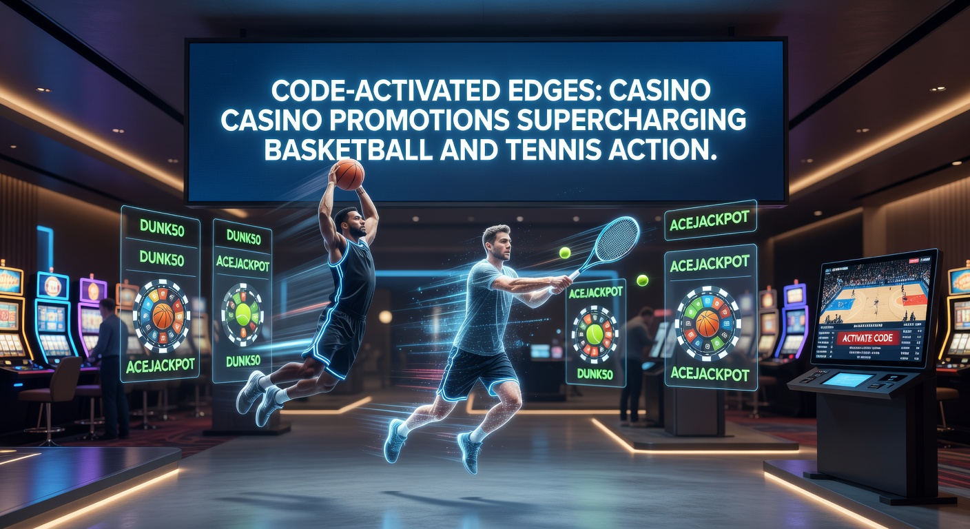 Tennis player mid-serve on clay court with digital overlays showing code-activated free bet promotions for ATP matches