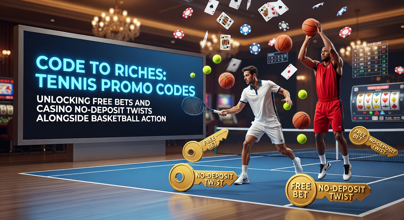 Tennis player serving on clay court during a high-stakes match, with overlaid promo code graphics highlighting free bet opportunities