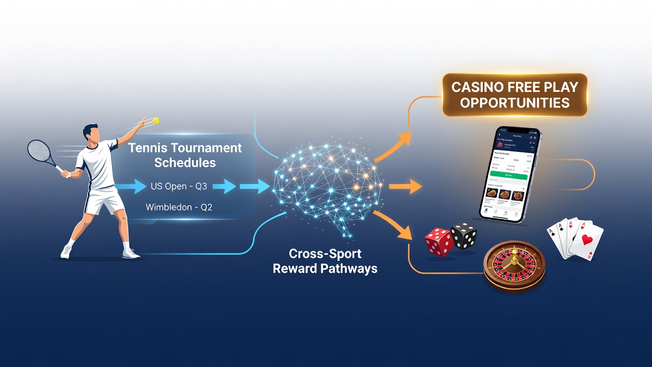 Tennis tournament schedule overlaid with betting app interface showing casino free play promotions