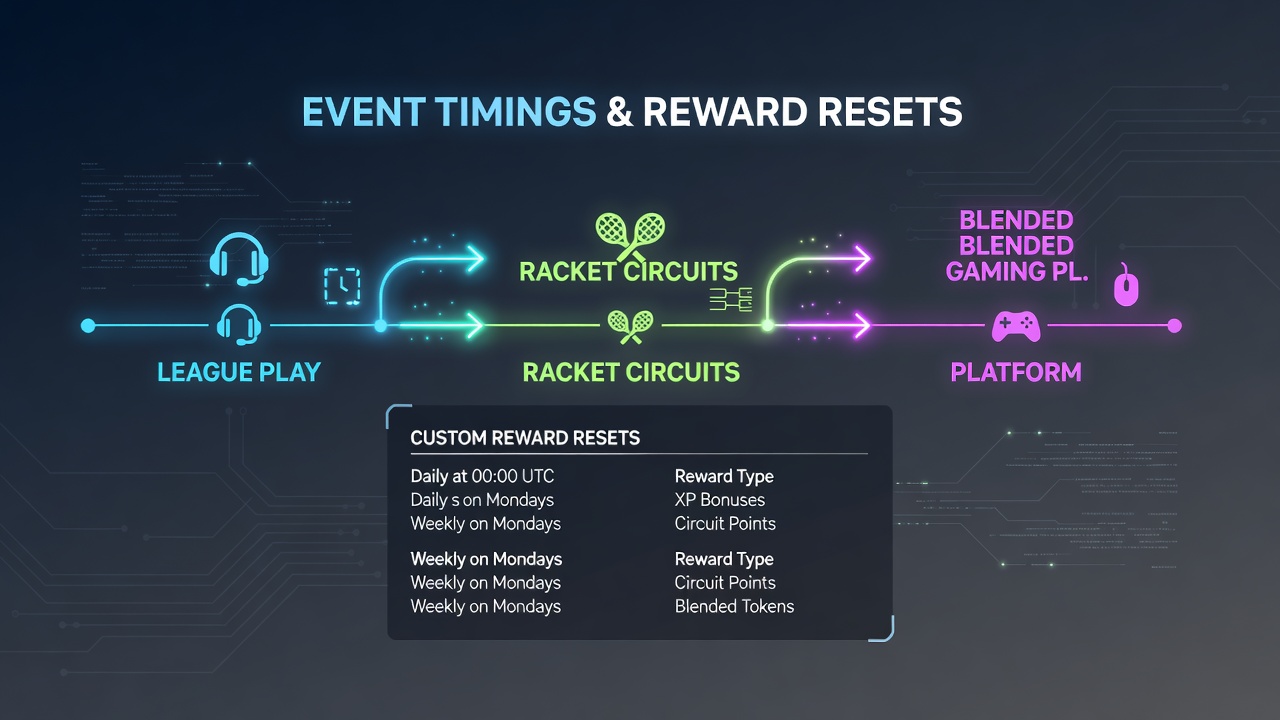 Tennis court schedule overlaid with platform reward reset timeline and casino bonus indicators
