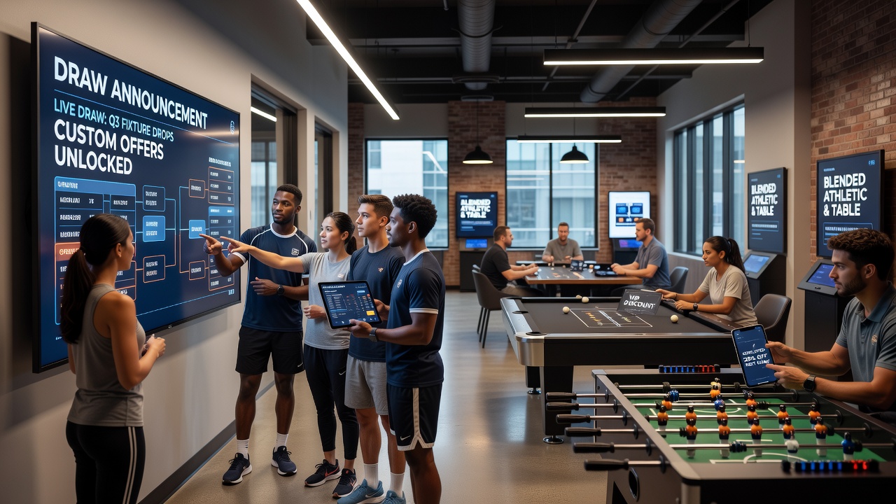 Digital interface showing synchronized sports draw announcements and custom table game reward deployments