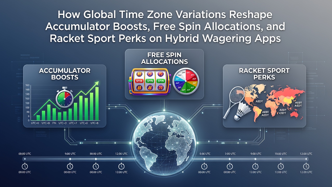 Global time zone map highlighting variations in sports event timings and bonus activations across hybrid wagering platforms
