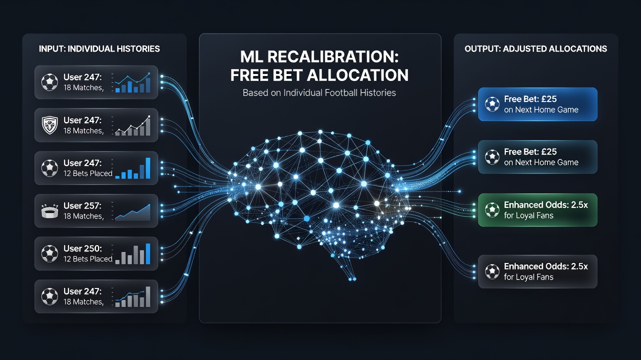 Visualization of algorithmic recalibration linking player histories to free bet offers in multiple sports and casino games