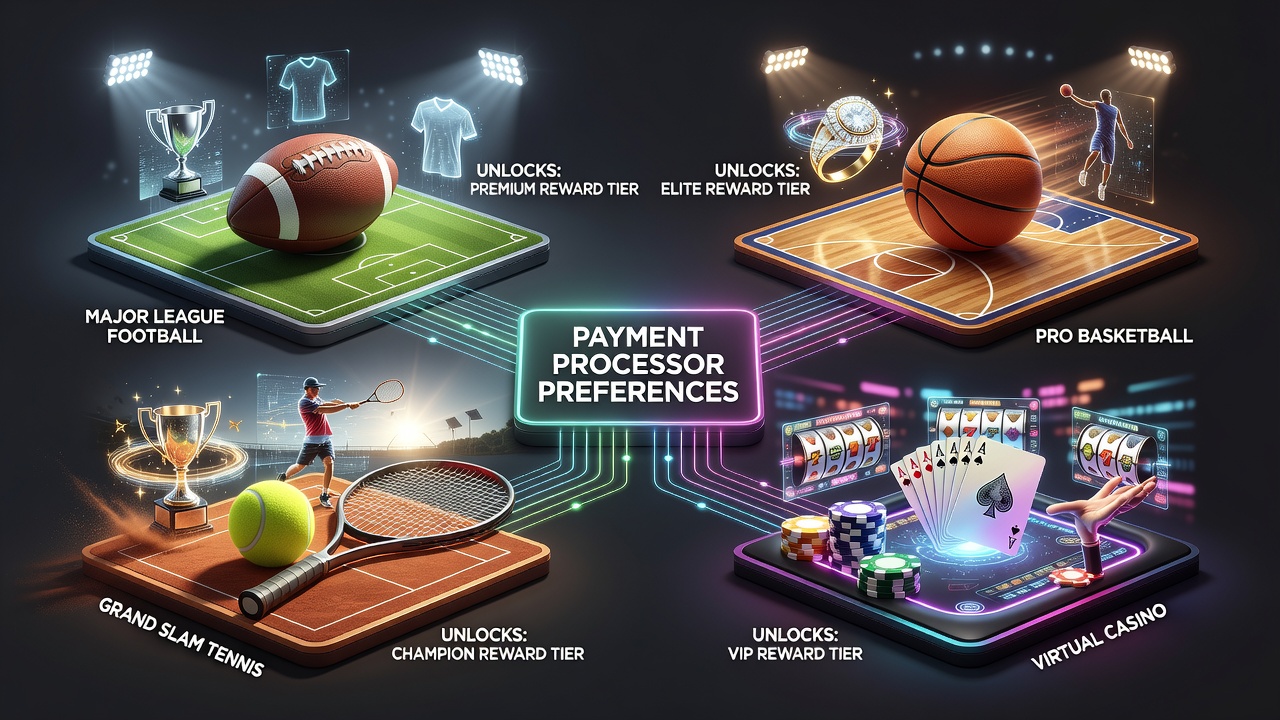 Payment processor options displayed in a betting app interface showing reward tiers for football, basketball, tennis, and casino games