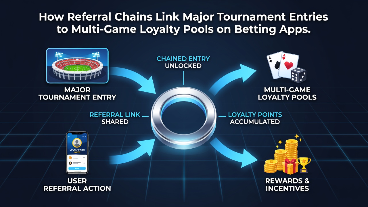 Diagram illustrating referral chain connections between tournament entries and loyalty pools on betting platforms