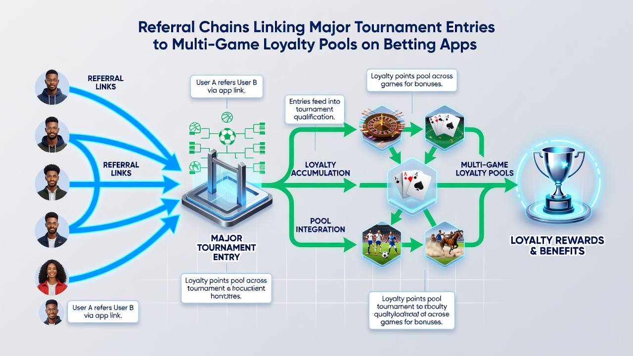 Flowchart showing how referral chains integrate tournament entries with multi-game loyalty systems across betting apps