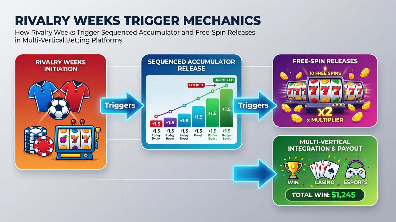 Flowchart illustrating sequenced accumulator boosts transitioning into free-spin releases on integrated betting platforms