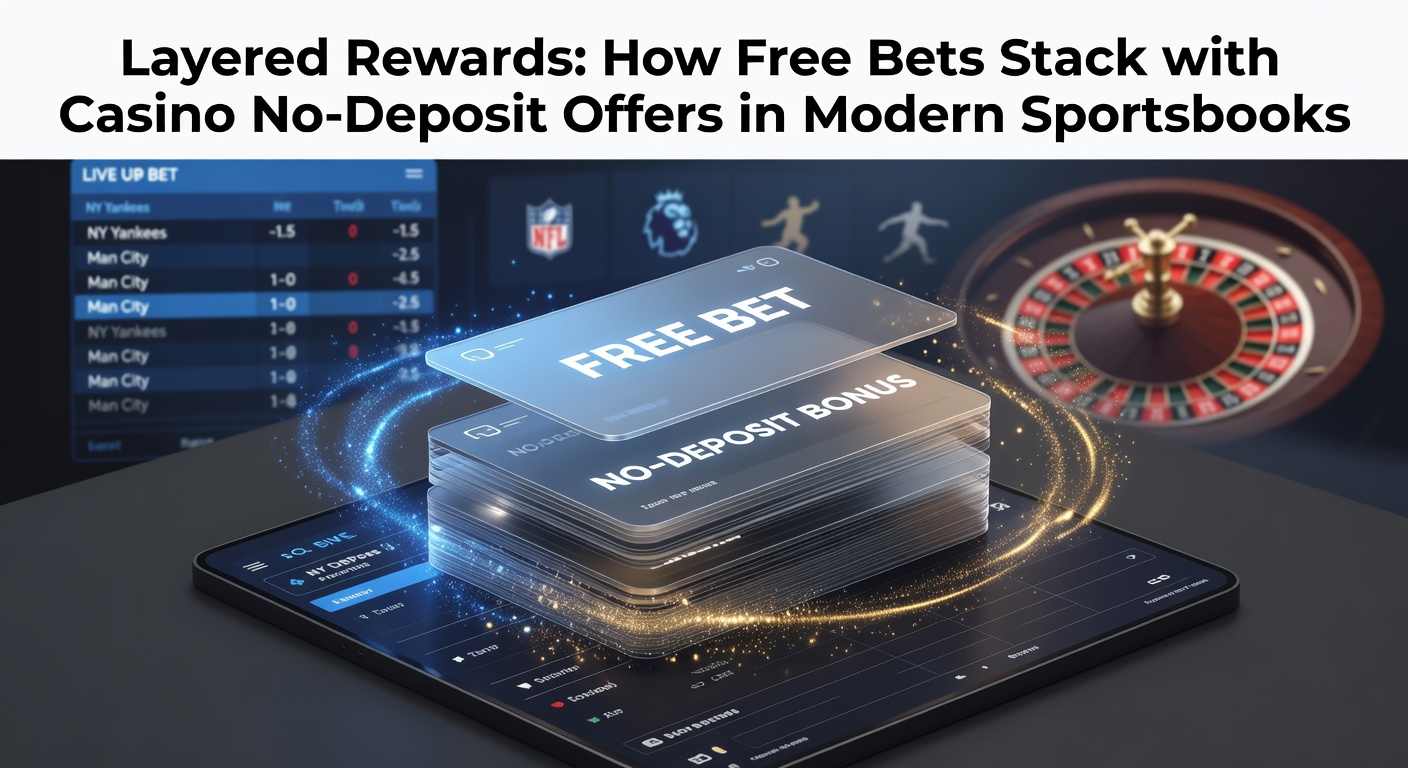 Graphic showing layered betting bonuses stacking like building blocks in a sportsbook app, with free bet icons and casino chips overlapping