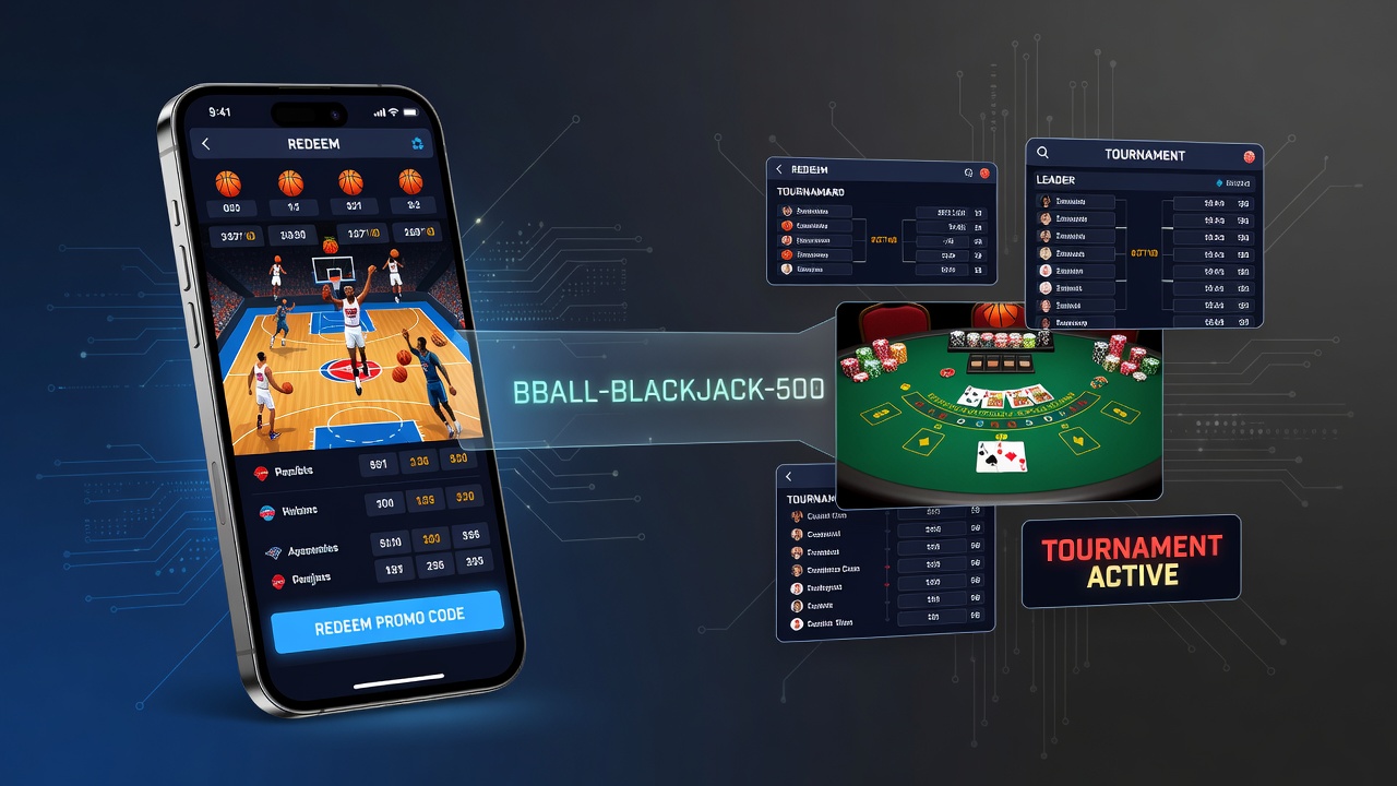 Mobile app interface showing basketball parlay bets linked to blackjack tournament entry codes