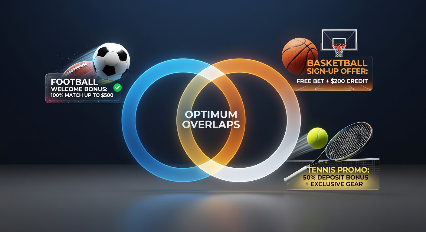 Dynamic graphic illustrating overlapping football welcome bonuses with basketball and tennis promotions in sportsbooks, featuring icons of soccer balls, basketballs, and tennis rackets intertwined with bonus symbols