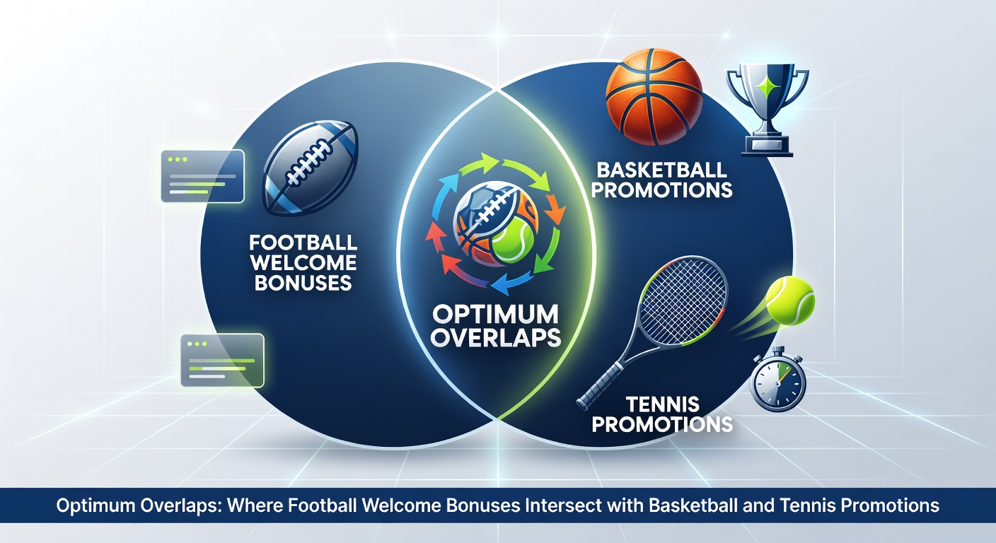 Infographic depicting data charts on bonus overlaps, with bars comparing football, basketball, and tennis promotion uptake in top sportsbooks during peak seasons