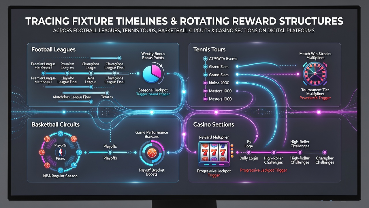Fixture timeline visualization showing aligned sports calendars and rotating reward activations on digital betting platforms